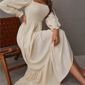 Shein Square Neck Shirred Maxi Dress in Cream, Size Small